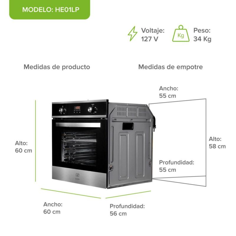 Horno empotrable de gas LP, 58 Litros, 5 modos de cocción AVERA HE01LP