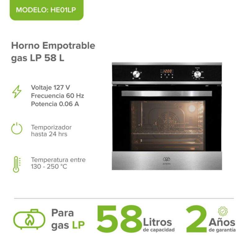 Horno empotrable de gas LP, 58 Litros, 5 modos de cocción AVERA HE01LP