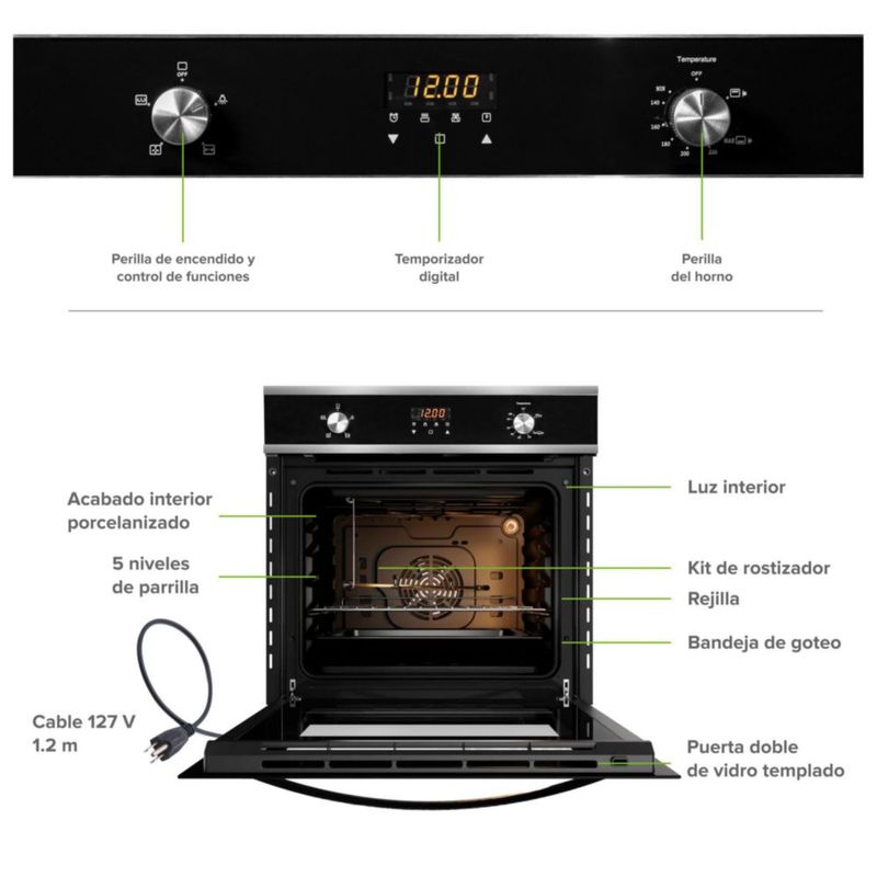 Horno empotrable de gas LP, 58 Litros, 5 modos de cocción AVERA HE01LP