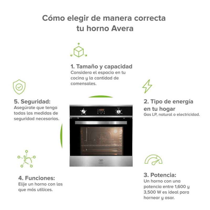 Horno empotrable de gas LP, 58 Litros, 5 modos de cocción AVERA HE01LP