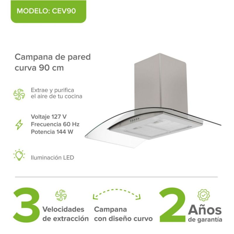 Campana extractora de pared vidrio curvo 90 cm AVERA CEV90