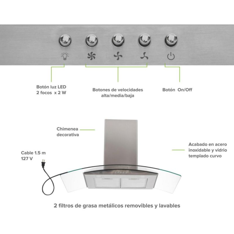 Campana extractora de pared vidrio curvo 90 cm AVERA CEV90