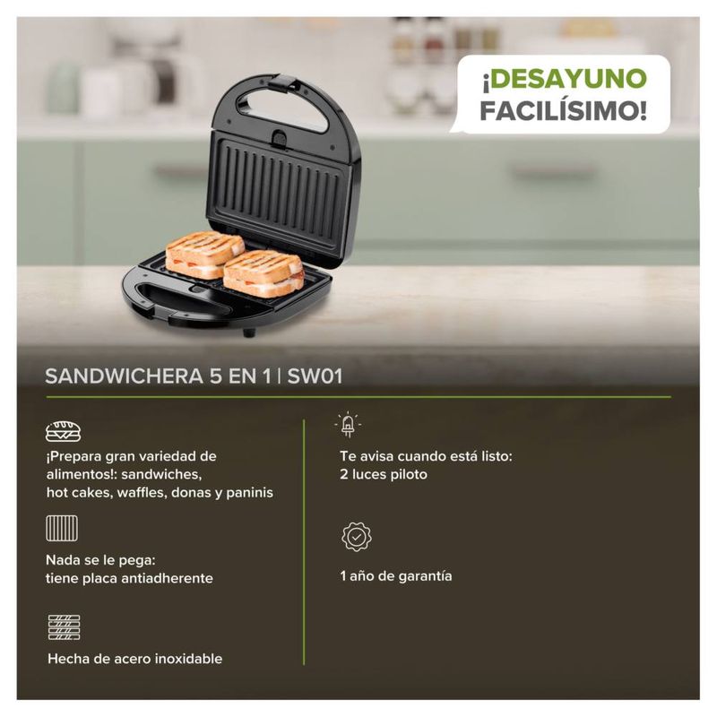 Sandwichera 5 en 1 waffles, hot cakes, sandwiches, donas y paninis Avera SW01