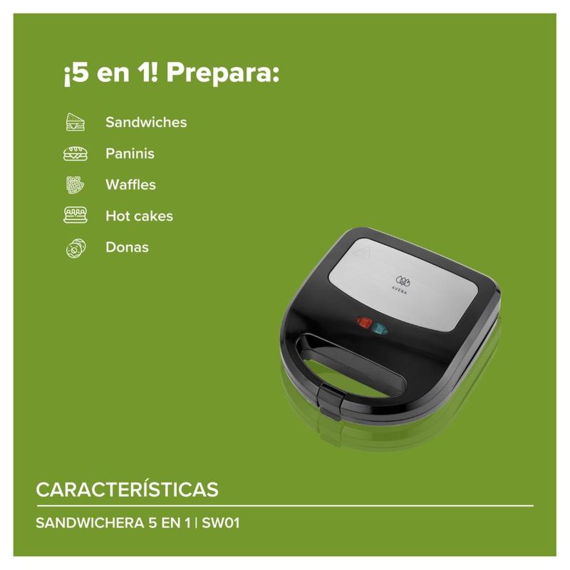 Sandwichera 5 en 1 waffles, hot cakes, sandwiches, donas y paninis Avera SW01