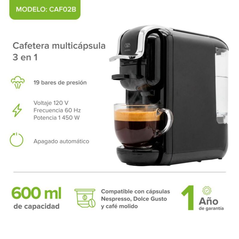 Cafetera multicápsulas y café molido 19 bares 600 ml AVERA CAF02B