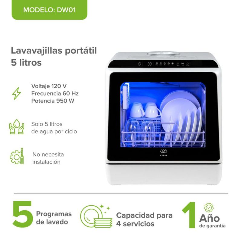 Lavavajillas portátil de 5 L con 5 programas de lavado AVERA DW01