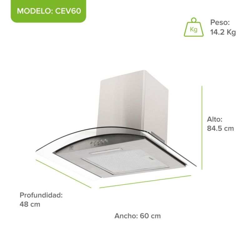 Campana Extractora 60cm Acero Inoxidable y Vidrio curvo Avera CEV60