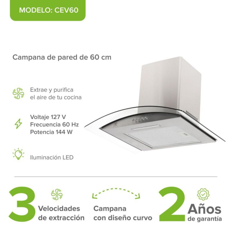 Campana Extractora 60cm Acero Inoxidable y Vidrio curvo Avera CEV60