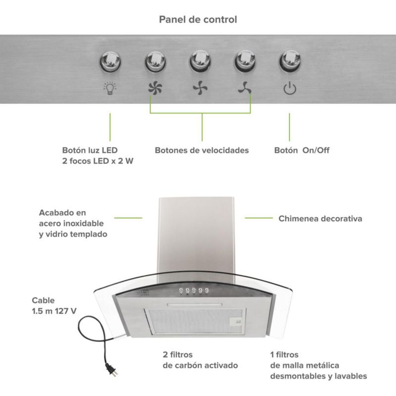 Campana Extractora 60cm Acero Inoxidable y Vidrio curvo Avera CEV60