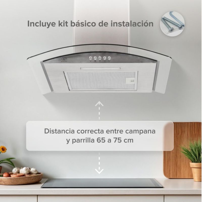 Campana Extractora 60cm Acero Inoxidable y Vidrio curvo Avera CEV60