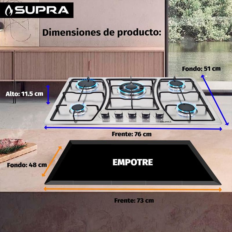 Parrilla empotrable SUPRA ZEGNA de 76 cm en acero inoxidable