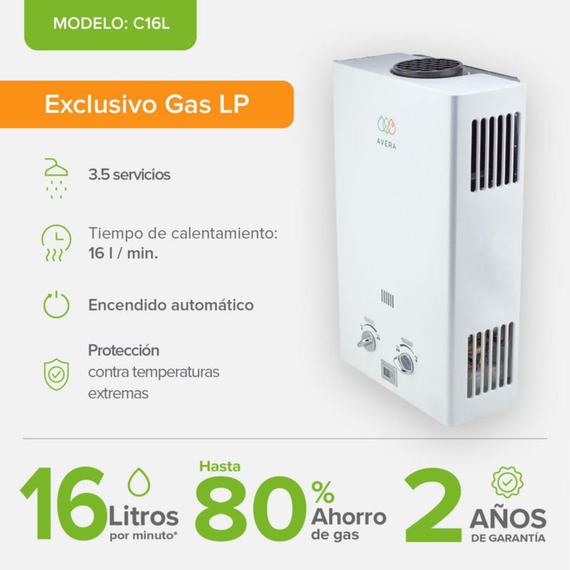 Calentador De Agua Para 3.5 Servicios Usa Gas LP AVERA C16L