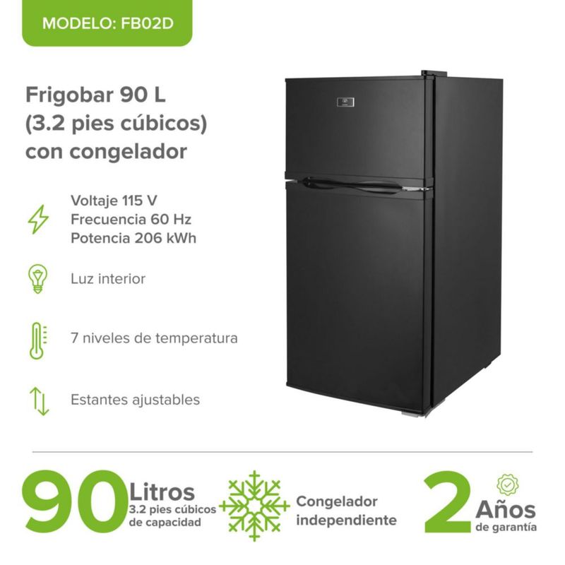 Frigobar de 2 puertas con congelador 3.2 pies, 90 Litros AVERA FB02B