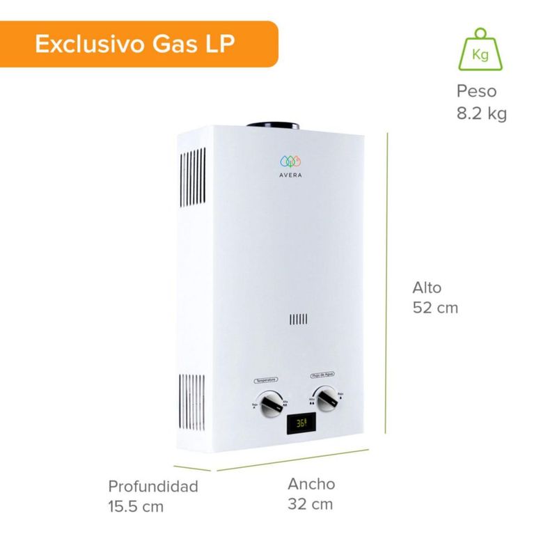 Calentador de agua instantáneo a Gas LP 2.5 Servicios Boiler 12 Litros AVERA C12L