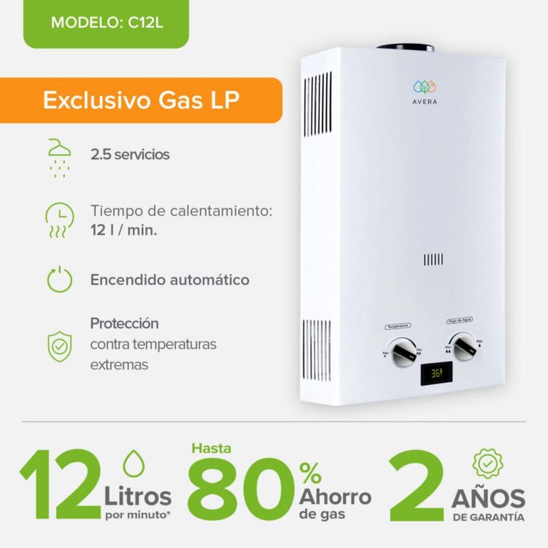 Calentador de agua instantáneo a Gas LP 2.5 Servicios Boiler 12 Litros AVERA C12L