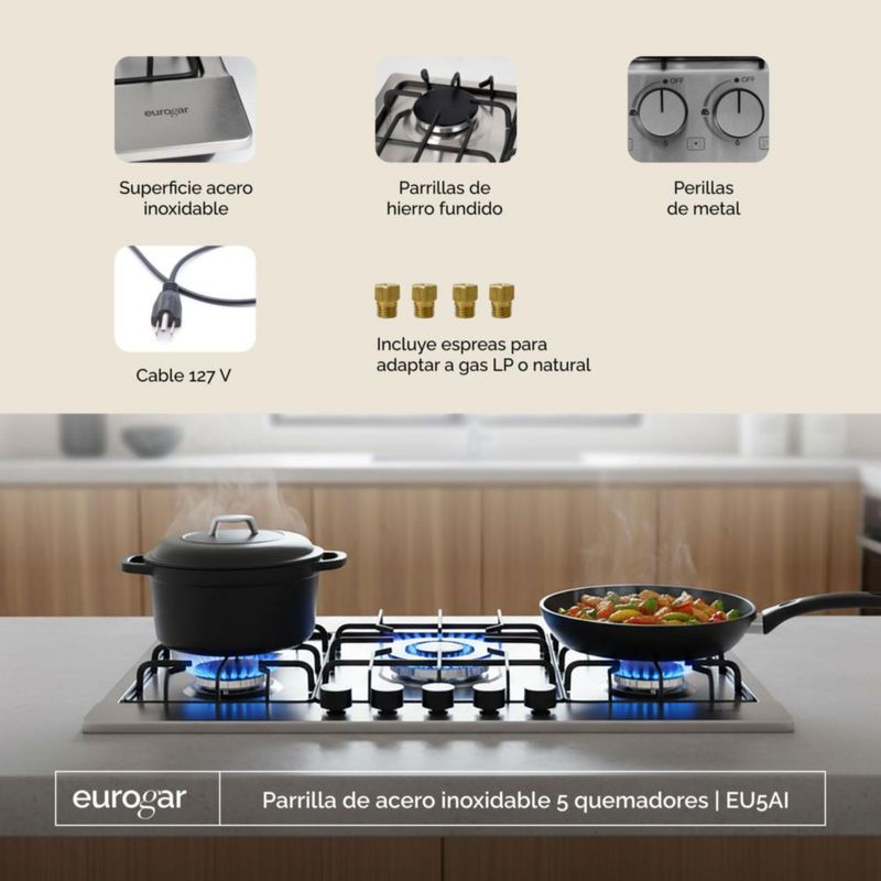 Parrilla a gas 5 quemadores acero inoxidable Eurogar EU5AI