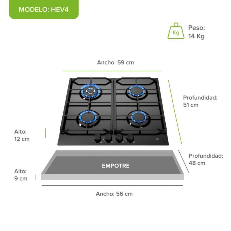 Parrilla a Gas Empotrable 4 Quemadores Vidrio templado AVERA HEV4