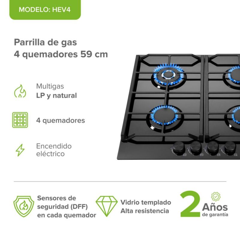 Parrilla a Gas Empotrable 4 Quemadores Vidrio templado AVERA HEV4