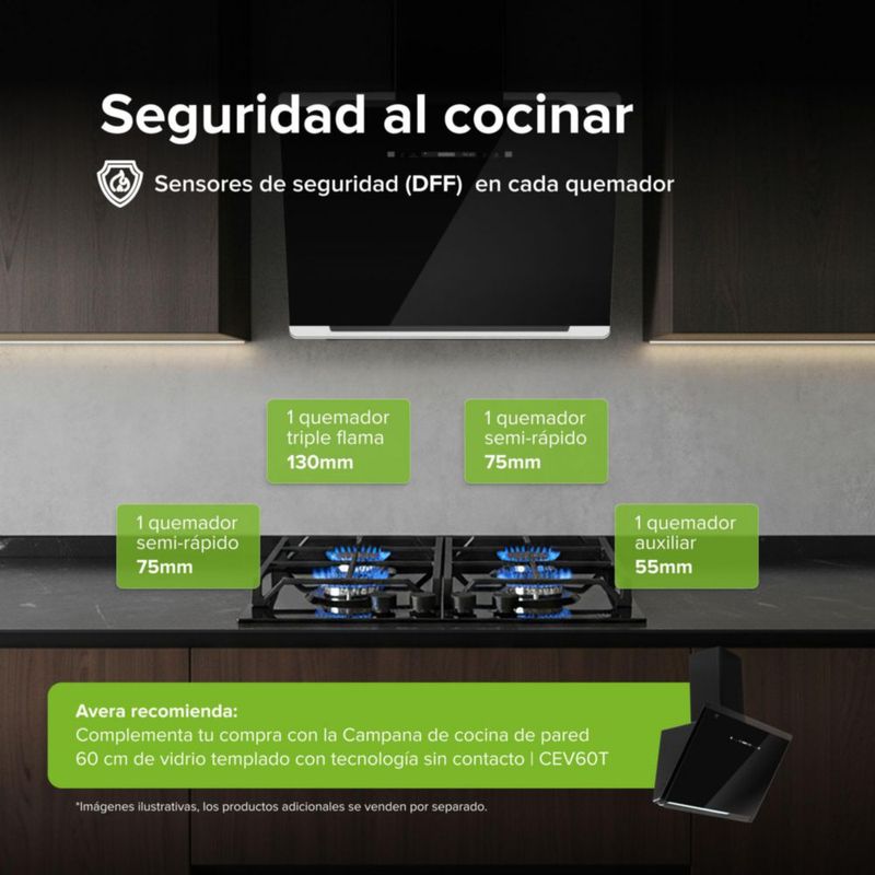 Parrilla a Gas Empotrable 4 Quemadores Vidrio templado AVERA HEV4