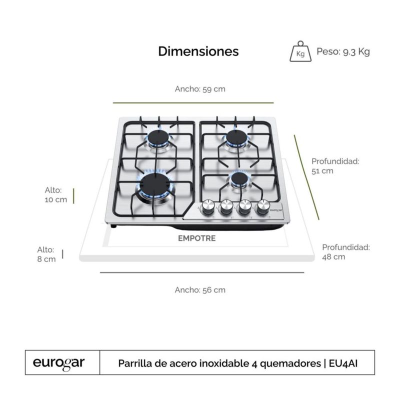 Parrilla a gas 4 quemadores acero inoxidable Eurogar EU4AI