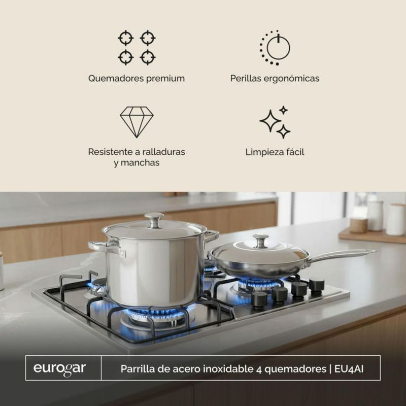 Parrilla a gas 4 quemadores acero inoxidable Eurogar EU4AI