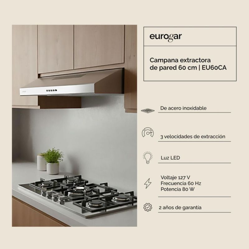 Campana de pared 60 cm 180 m3/h de extracción EUROGAR EU60CA