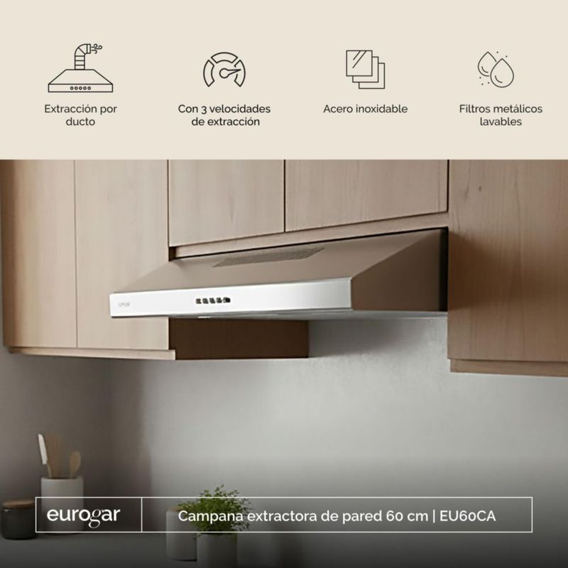 Campana de pared 60 cm 180 m3/h de extracción EUROGAR EU60CA