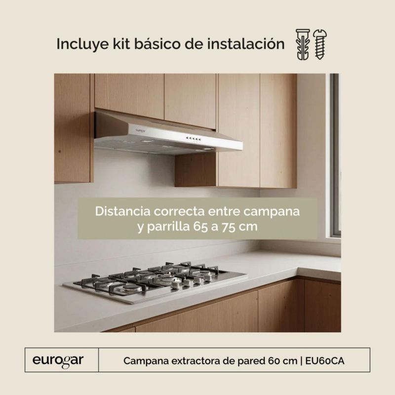 Campana de pared 60 cm 180 m3/h de extracción EUROGAR EU60CA