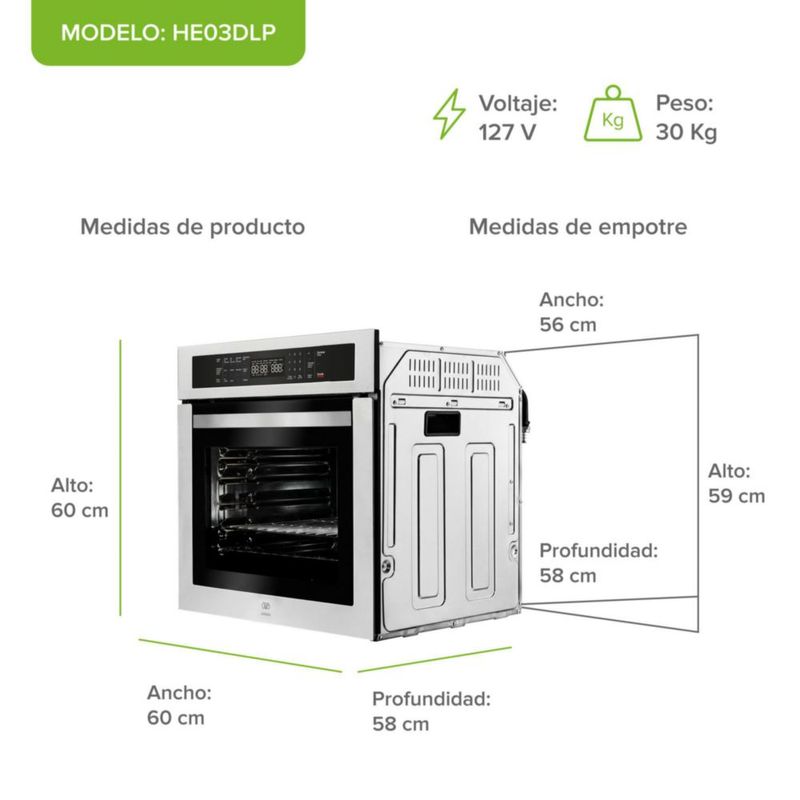 Horno empotrable a gas LP 58 L control táctil 14 funciones AVERA HE03DLP