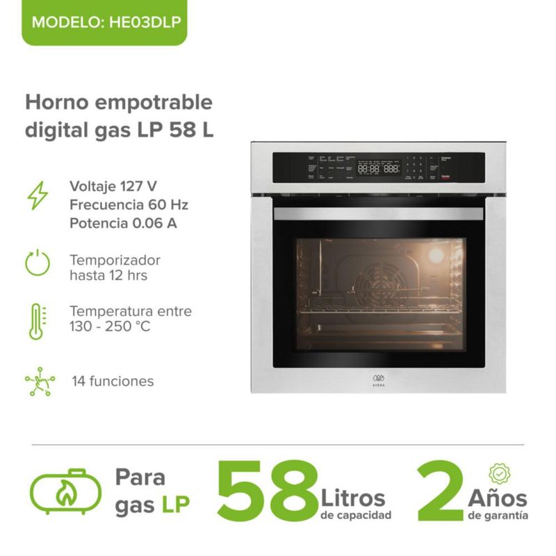 Horno empotrable a gas LP 58 L control táctil 14 funciones AVERA HE03DLP