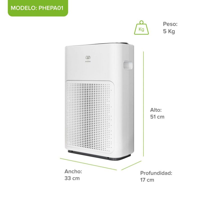 Purificador de aire con filtro HEPA 200 CADR para Alergias y Pelo de Mascota Cubre hasta 100m2 Control WiFi AVERA PHEPA01