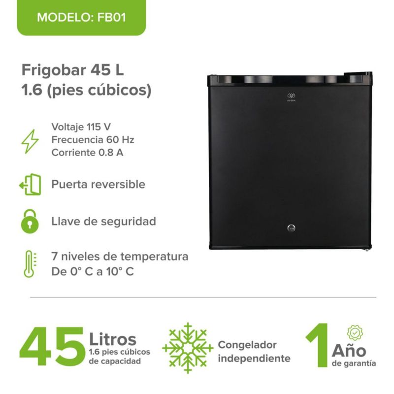 Frigobar 1.6 pies 45 Litros, puerta reversible con llave AVERA FB01