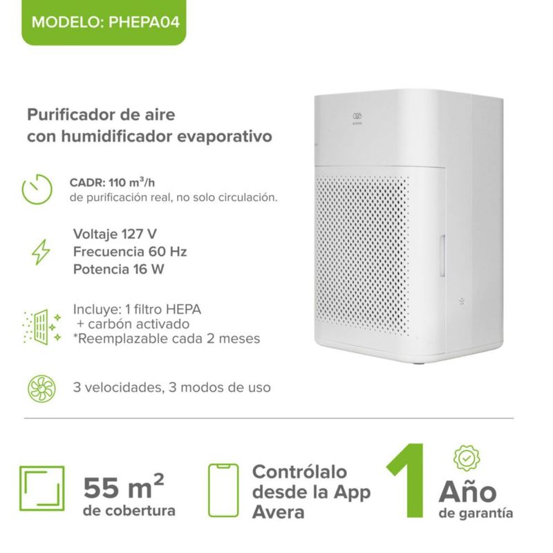 Purificador de aire y humidificador evaporativo CARD 110 Para Alergias y Pelo de Mascota Avera PHEPA04