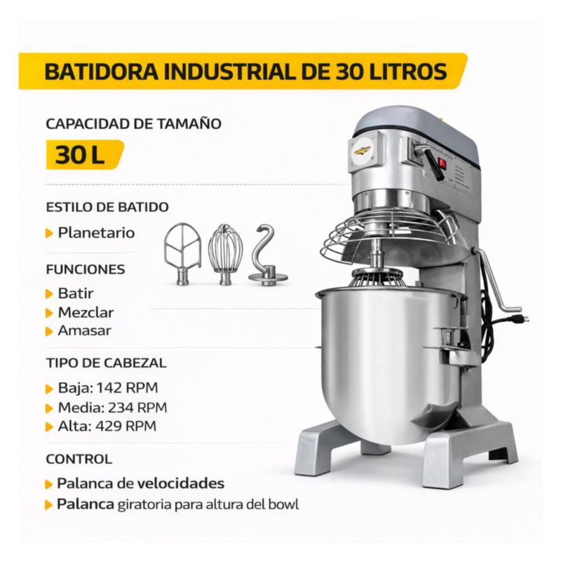 Batidora Industrial Planetaria 30 Litros Acero Inoxidable 1500W Amasadora Mezcladora 3 Velocidades