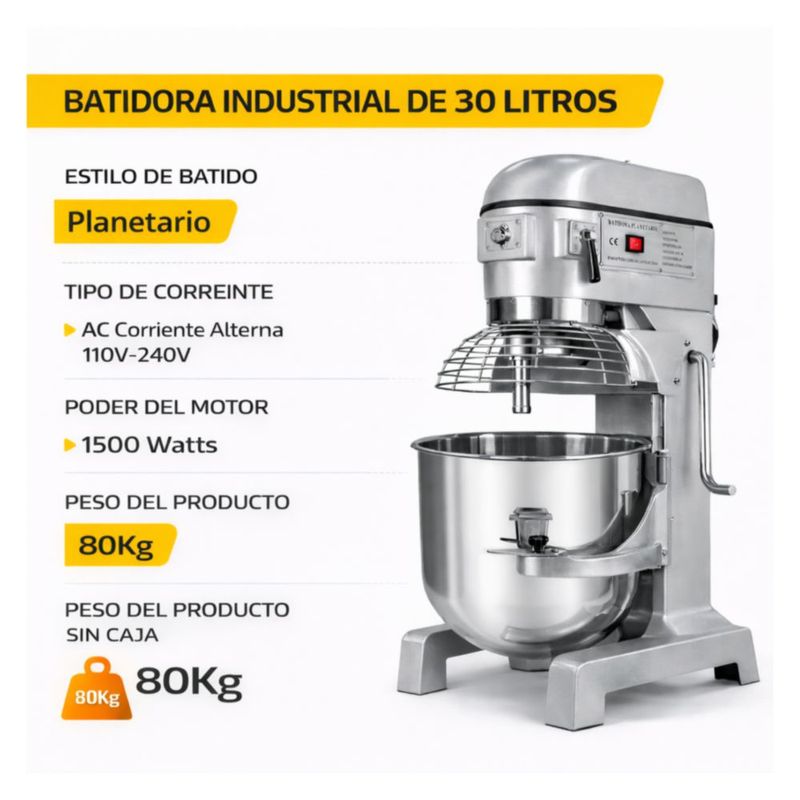 Batidora Industrial Planetaria 30 Litros Acero Inoxidable 1500W Amasadora Mezcladora 3 Velocidades
