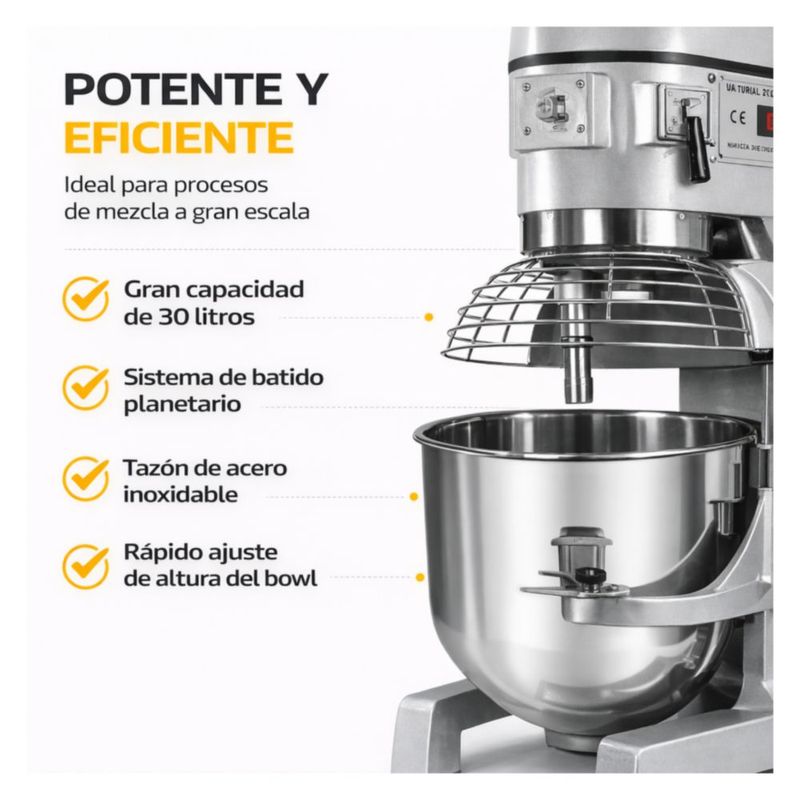 Batidora Industrial Planetaria 30 Litros Acero Inoxidable 1500W Amasadora Mezcladora 3 Velocidades