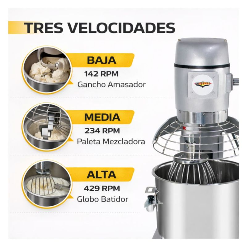 Batidora Industrial Planetaria 30 Litros Acero Inoxidable 1500W Amasadora Mezcladora 3 Velocidades