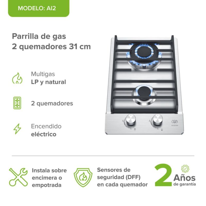 Parrilla de gas 2 Quemadores Acero Inoxidable 31cm AVERA AI2