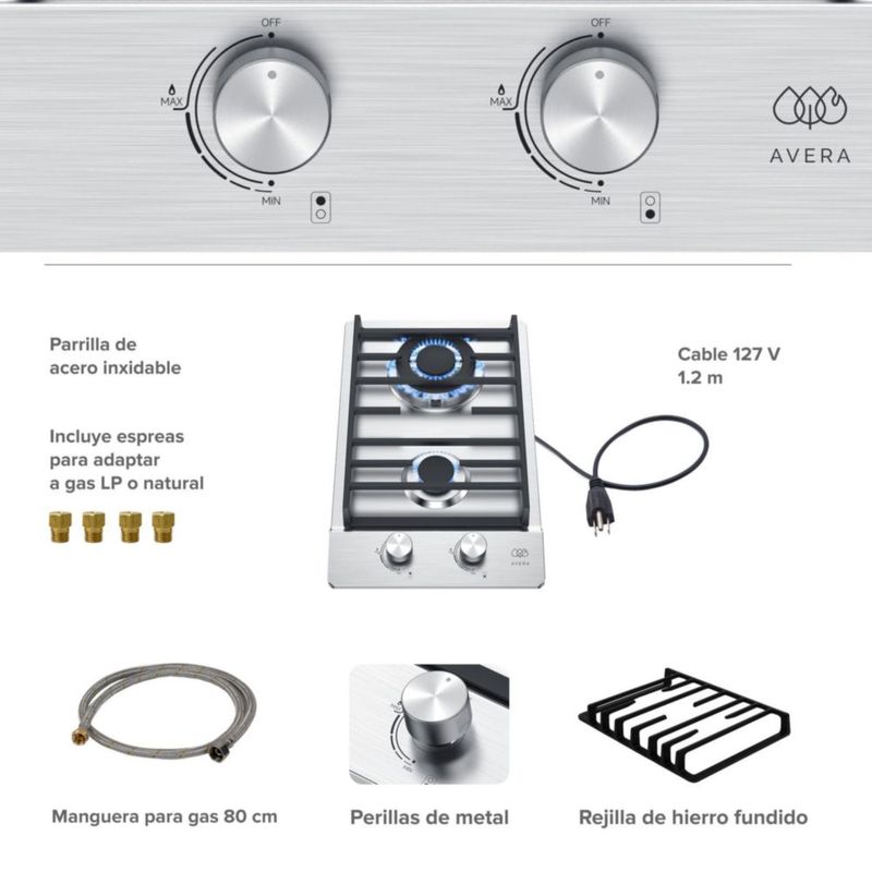 Parrilla de gas 2 Quemadores Acero Inoxidable 31cm AVERA AI2
