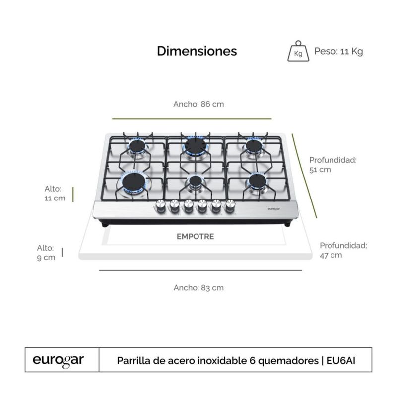 Parrilla de gas 6 quemadores 86 cm Acero Inoxidable EUROGAR EU6AI