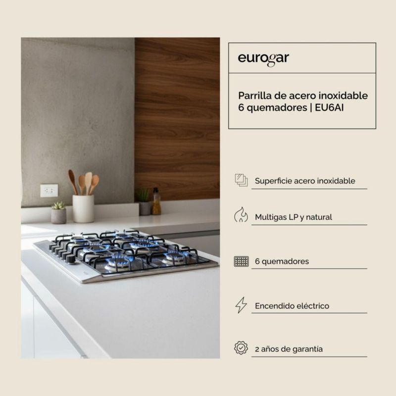 Parrilla de gas 6 quemadores 86 cm Acero Inoxidable EUROGAR EU6AI