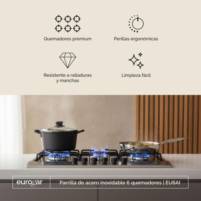 Parrilla de gas 6 quemadores 86 cm Acero Inoxidable EUROGAR EU6AI