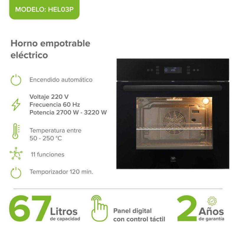 Horno eléctrico empotrable 67 L 11 funciones 220 V 3220 W AVERA HEL03P