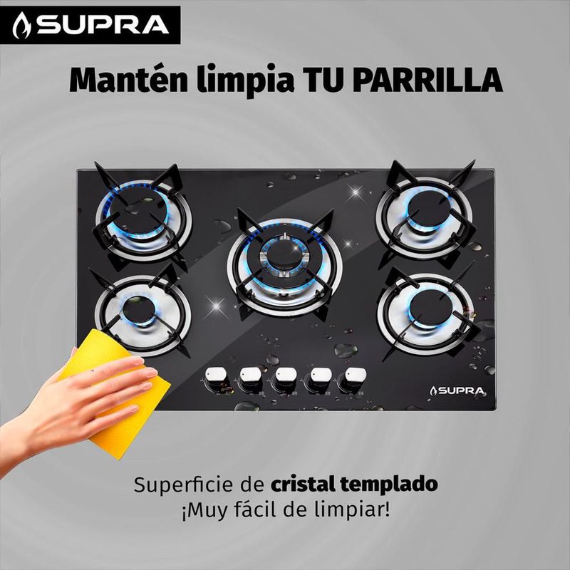 Parrilla para gas BRIONI empotrable con 5 quemadores y cristal templado