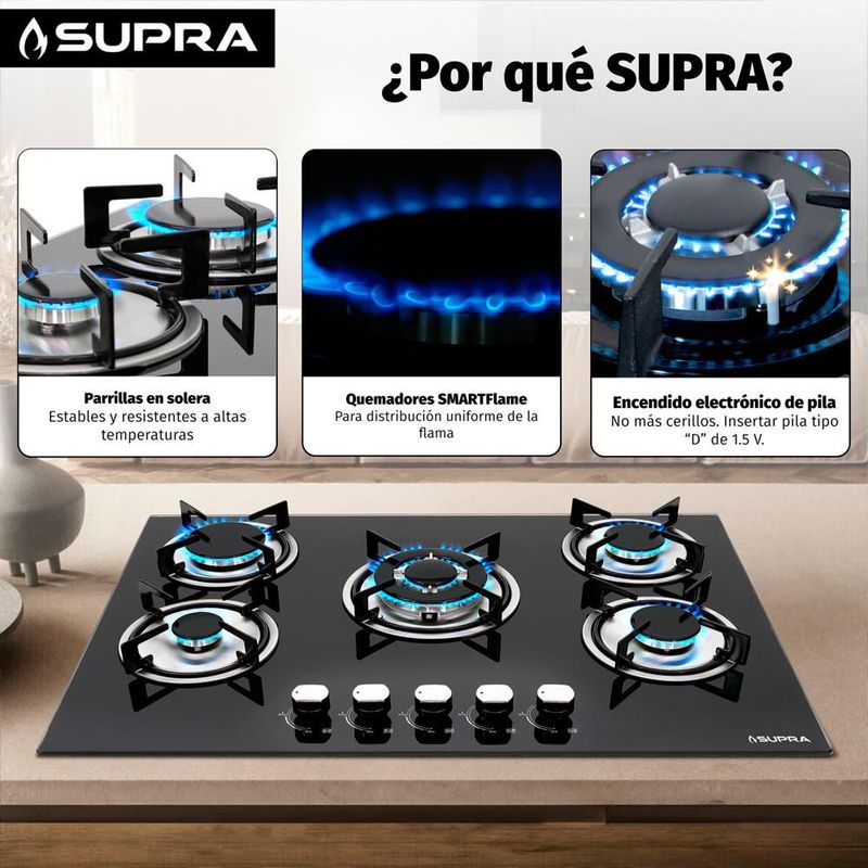 Parrilla para gas BRIONI empotrable con 5 quemadores y cristal templado