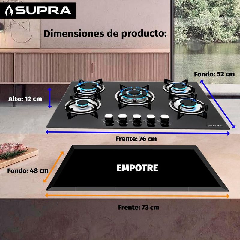 Parrilla para gas BRIONI empotrable con 5 quemadores y cristal templado