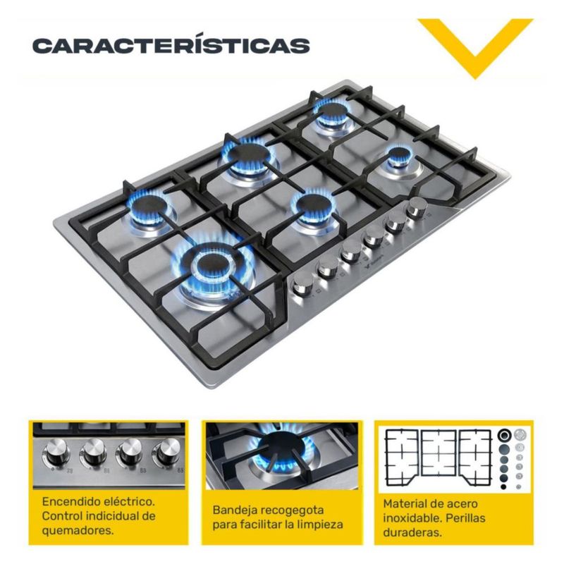 Parrilla De Gas Empotrable 6 Quemadores Acero Inoxidable Encendido Electrónico Gas Lp Gas Natural Hornellas Base Acero Fácil Limpieza