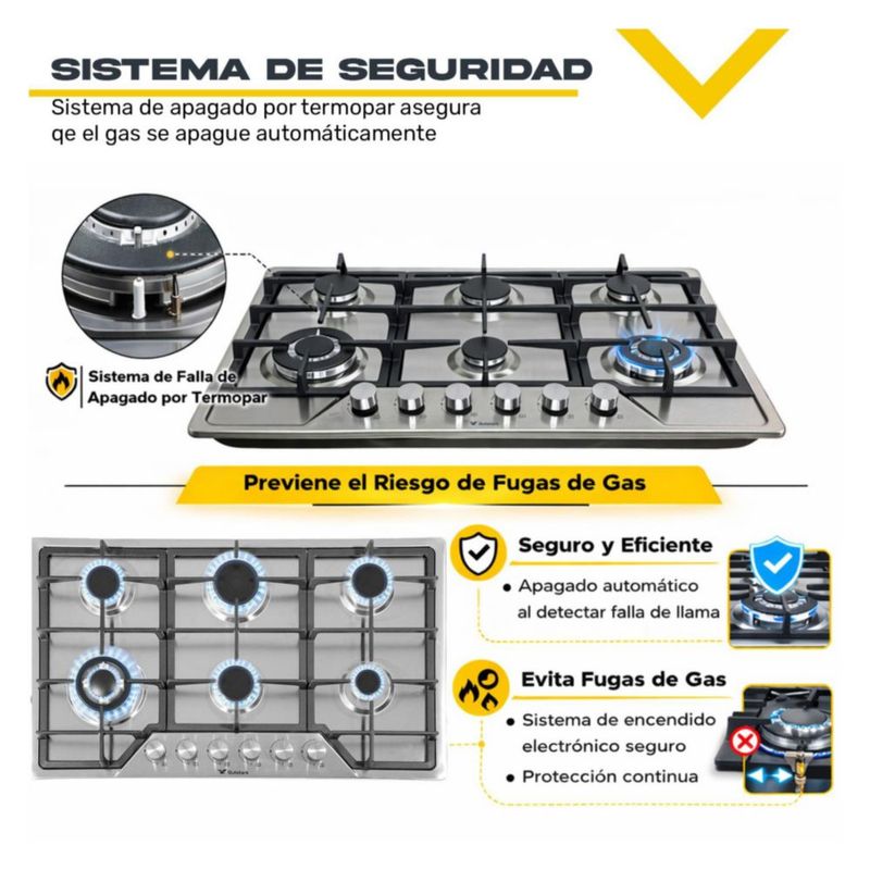 Parrilla De Gas Empotrable 6 Quemadores Acero Inoxidable Encendido Electrónico Gas Lp Gas Natural Hornellas Base Acero Fácil Limpieza
