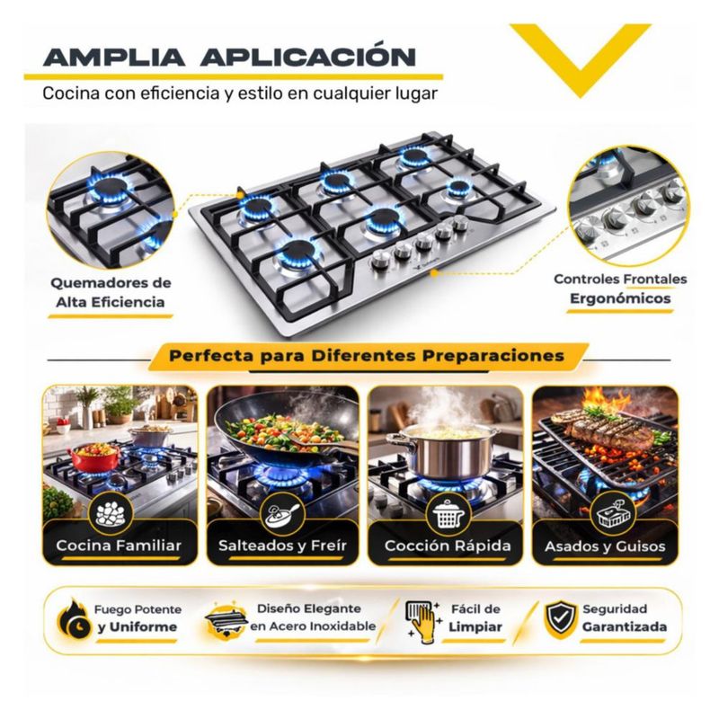 Parrilla De Gas Empotrable 6 Quemadores Acero Inoxidable Encendido Electrónico Gas Lp Gas Natural Hornellas Base Acero Fácil Limpieza