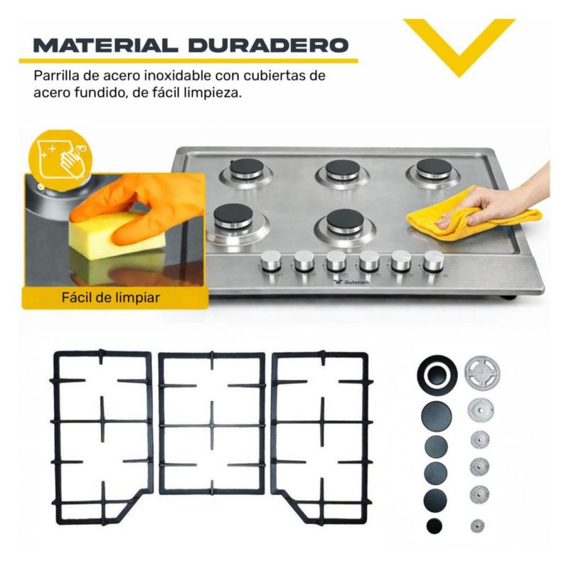 Parrilla De Gas Empotrable 6 Quemadores Acero Inoxidable Encendido Electrónico Gas Lp Gas Natural Hornellas Base Acero Fácil Limpieza